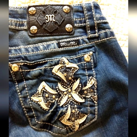 Embroidered Skinny Jeans Embellished w/Bling & Leather Cross - Picture 1 of 11